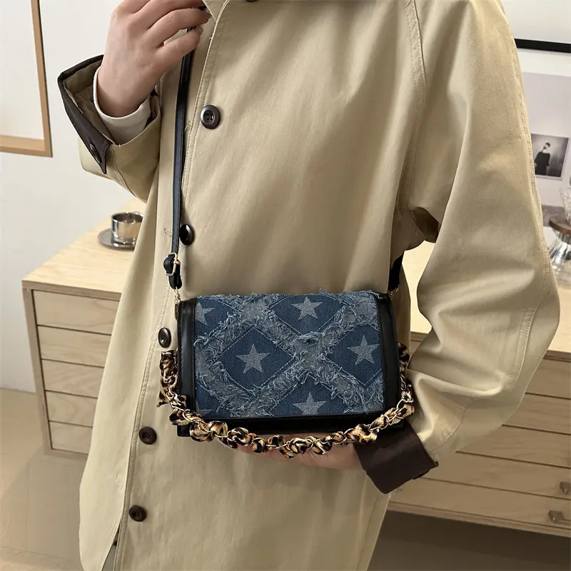 Retro Denim Patchwork Shoulder Bags for Women Commuter Star Contrast Color Ladies Handbags Leopard Ribbon Female Crossbody Bag