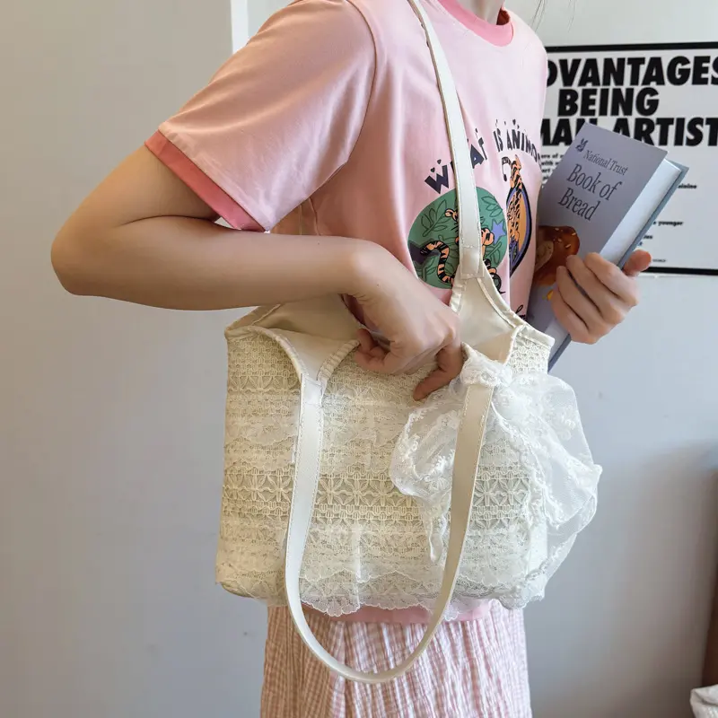 Casual Lace Vacation Style Women Shoulder Bag Large Capacity Patchwork Ladies Commuter Tote Bags Sweet Bow Ribbon Female Handbag