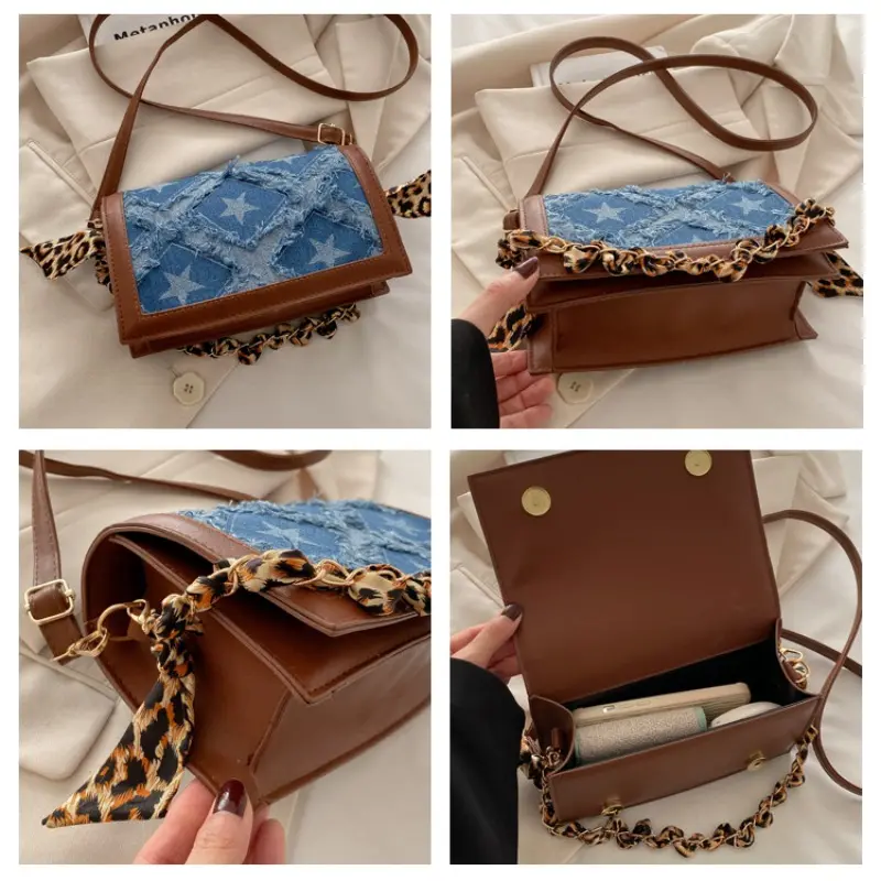 Retro Denim Patchwork Shoulder Bags for Women Commuter Star Contrast Color Ladies Handbags Leopard Ribbon Female Crossbody Bag
