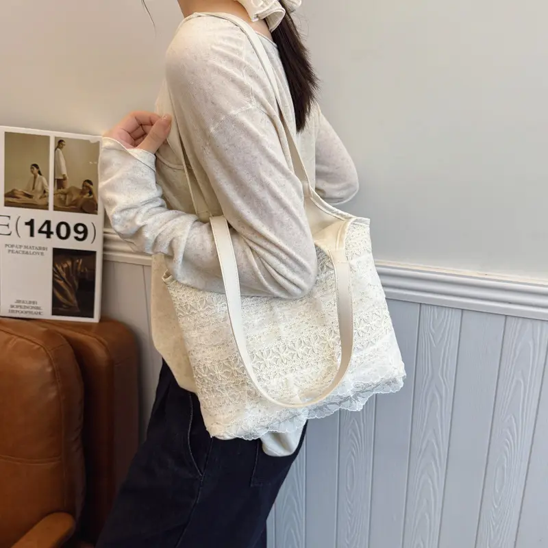 Casual Lace Vacation Style Women Shoulder Bag Large Capacity Patchwork Ladies Commuter Tote Bags Sweet Bow Ribbon Female Handbag