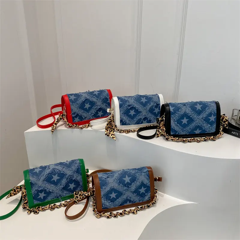 Retro Denim Patchwork Shoulder Bags for Women Commuter Star Contrast Color Ladies Handbags Leopard Ribbon Female Crossbody Bag
