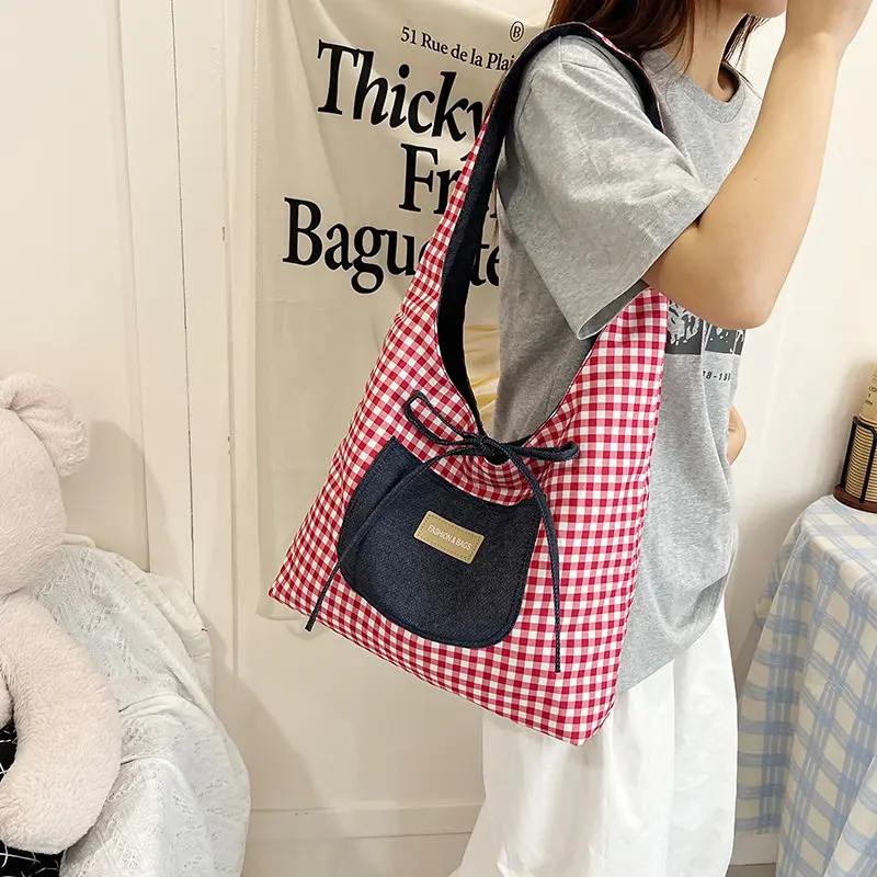 Double Sided Nylon Women's Shoulder Bags Large Capacity Plaid Ladies Tote Underarm Bag Threaded Simple Bow Casual Female Handbag