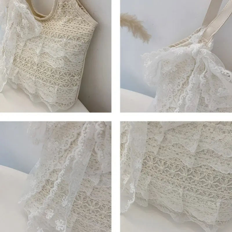 Casual Lace Vacation Style Women Shoulder Bag Large Capacity Patchwork Ladies Commuter Tote Bags Sweet Bow Ribbon Female Handbag