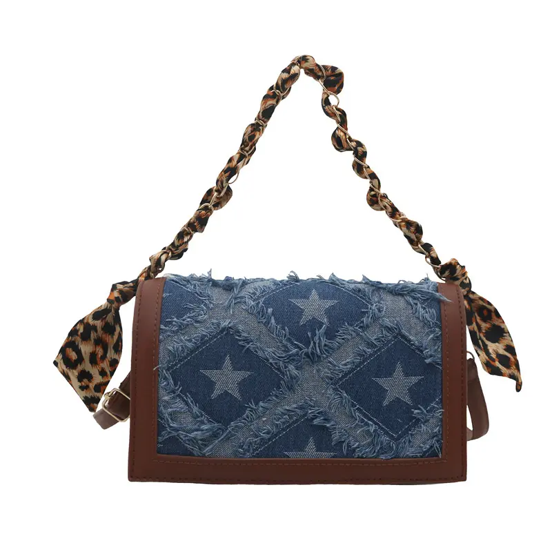 Retro Denim Patchwork Shoulder Bags for Women Commuter Star Contrast Color Ladies Handbags Leopard Ribbon Female Crossbody Bag