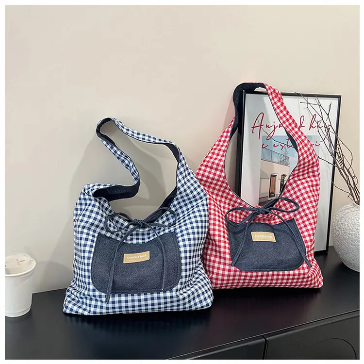 Double Sided Nylon Women's Shoulder Bags Large Capacity Plaid Ladies Tote Underarm Bag Threaded Simple Bow Casual Female Handbag