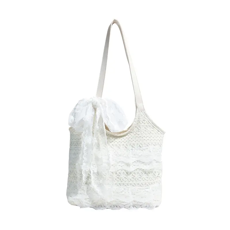 Casual Lace Vacation Style Women Shoulder Bag Large Capacity Patchwork Ladies Commuter Tote Bags Sweet Bow Ribbon Female Handbag