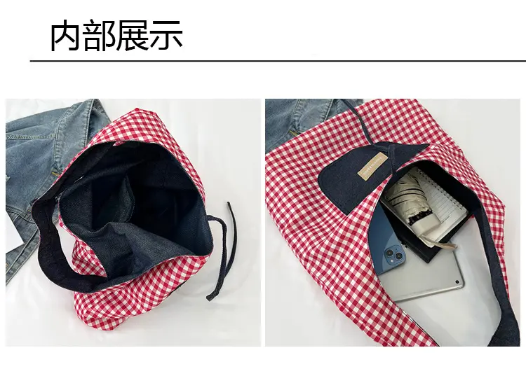 Double Sided Nylon Women's Shoulder Bags Large Capacity Plaid Ladies Tote Underarm Bag Threaded Simple Bow Casual Female Handbag