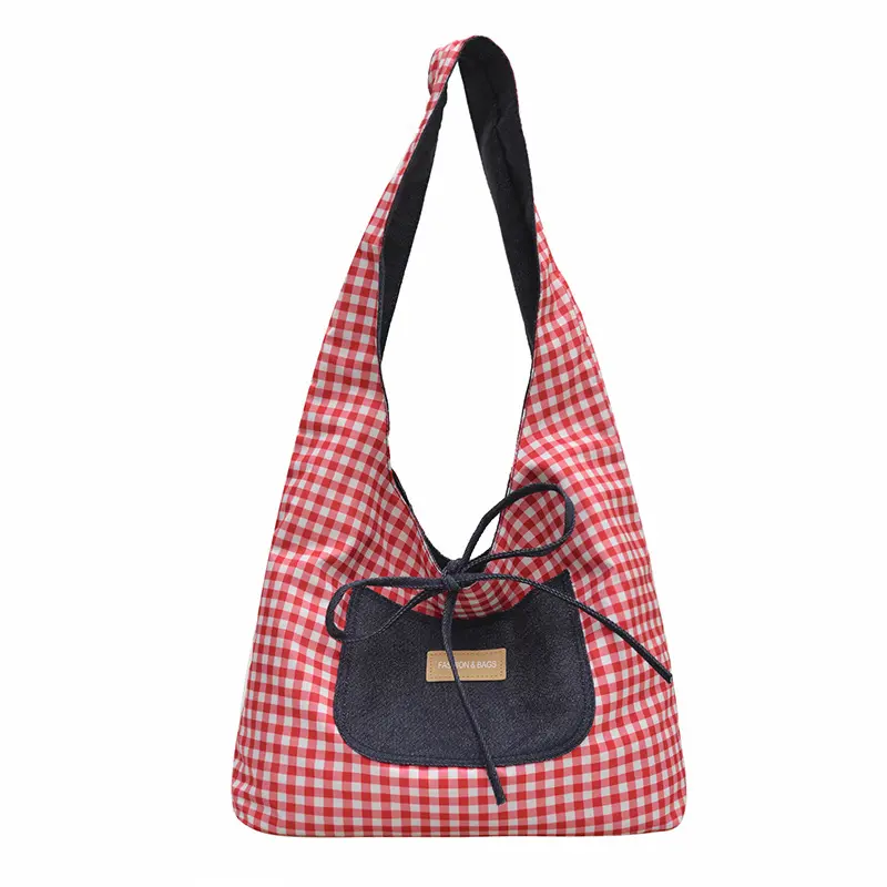 Double Sided Nylon Women's Shoulder Bags Large Capacity Plaid Ladies Tote Underarm Bag Threaded Simple Bow Casual Female Handbag