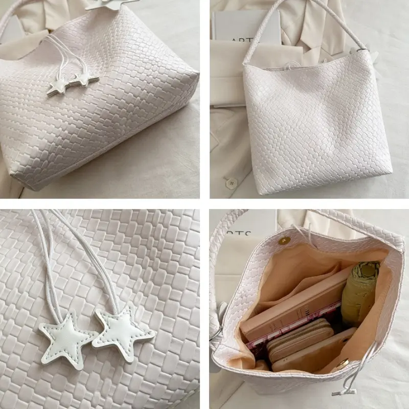 Large Capacity Woven PU Bucket Shoulder Bags for Women Commuter Solid Color Ladies Star Handbag Simple Female Underarm Bag Tote