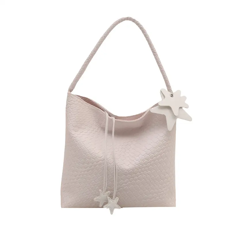 Large Capacity Woven PU Bucket Shoulder Bags for Women Commuter Solid Color Ladies Star Handbag Simple Female Underarm Bag Tote