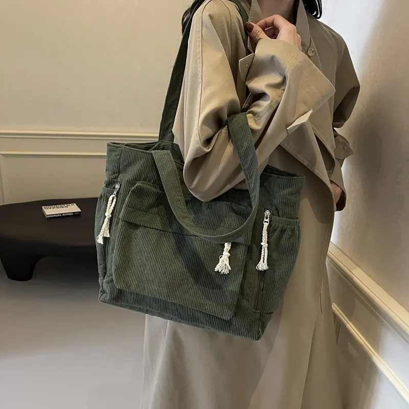 Multi-pocket Commuter Women's Corduroy Shoulder Bags Simple Casual College Girls Book Tote Vintage Solid Color Female Handbags