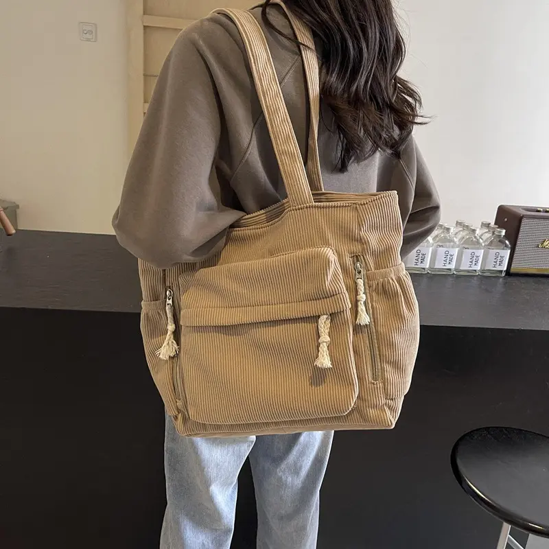 Multi-pocket Commuter Women's Corduroy Shoulder Bags Simple Casual College Girls Book Tote Vintage Solid Color Female Handbags