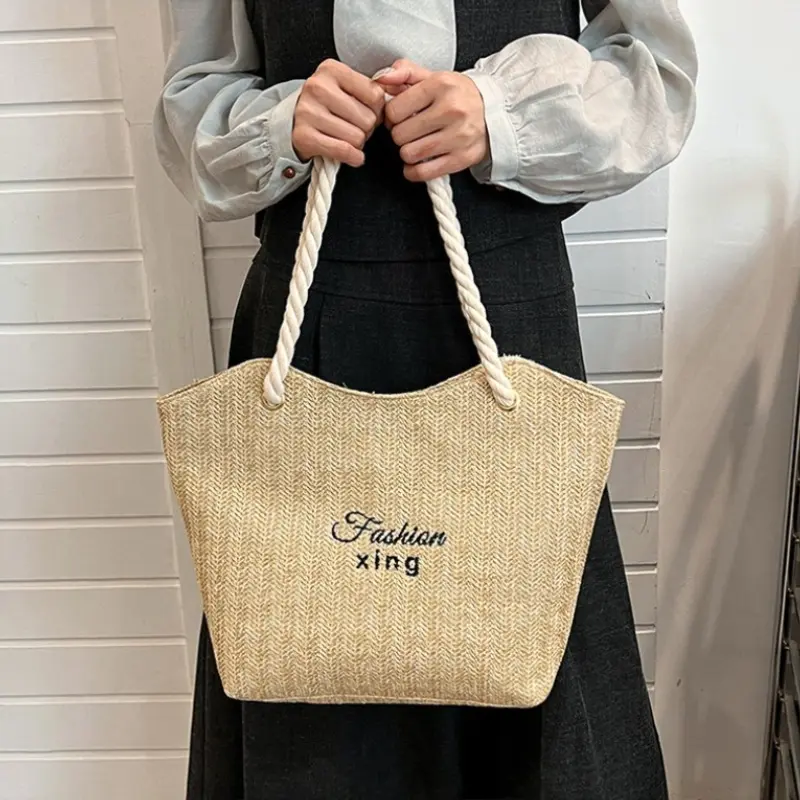 Letter Large Capacity Women Straw Shoulder Bags Casual Commuter Girls Underarm Tote Bag Simple Ladies Beach Bucket Handbags