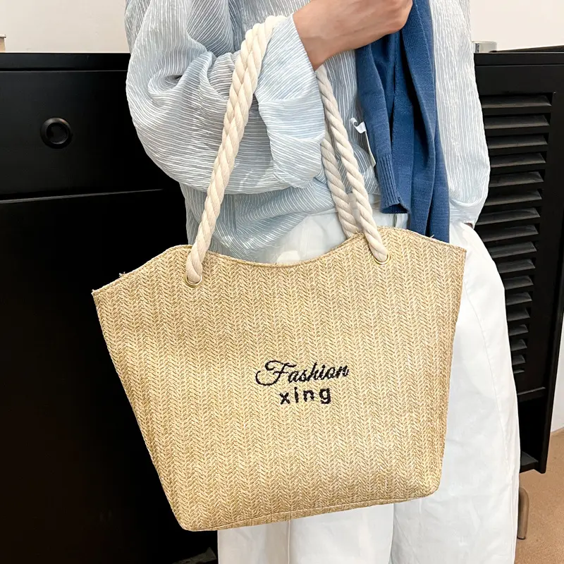 Letter Large Capacity Women Straw Shoulder Bags Casual Commuter Girls Underarm Tote Bag Simple Ladies Beach Bucket Handbags