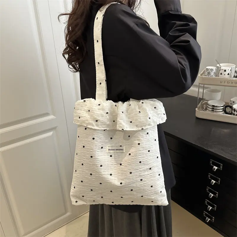 Summer Floral Ruffles Women Shoulder Bags Large Capacity Sweet Girls Tote Handbags Lightweight Commuter Ladies Shopping Bag