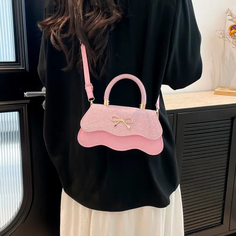 Retro Casual Bow Women's Square Shoulder Bags Trendy Ladies Pu Leather Handbags Purse Sequined Design Female Crossbody Bag
