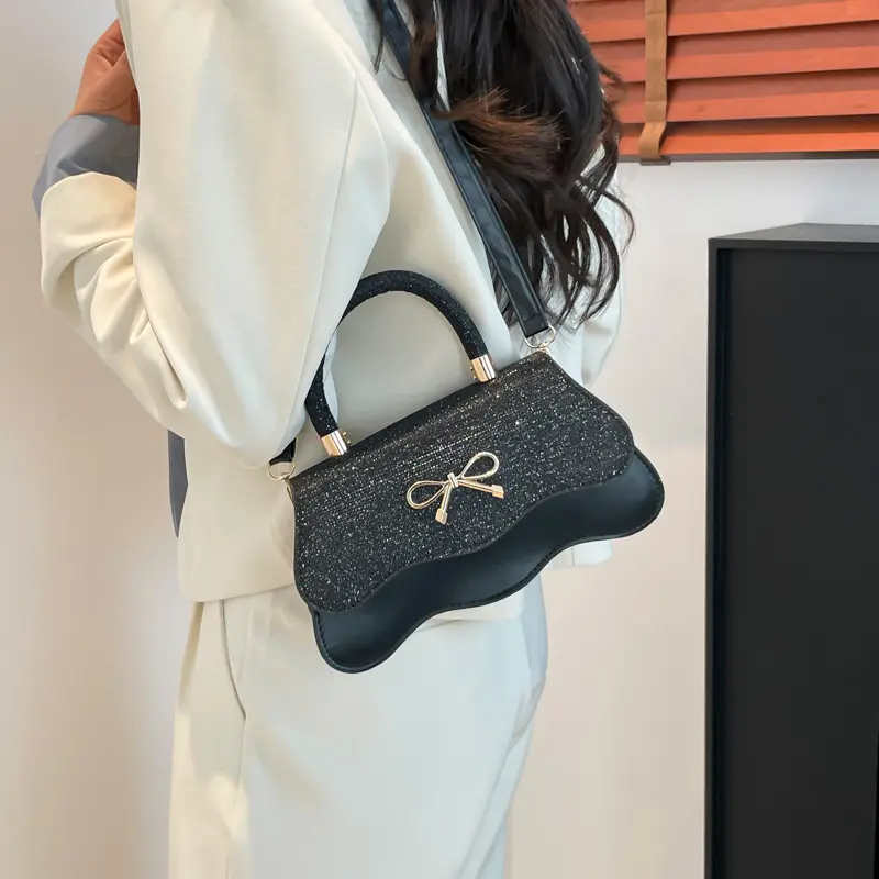 Retro Casual Bow Women's Square Shoulder Bags Trendy Ladies Pu Leather Handbags Purse Sequined Design Female Crossbody Bag
