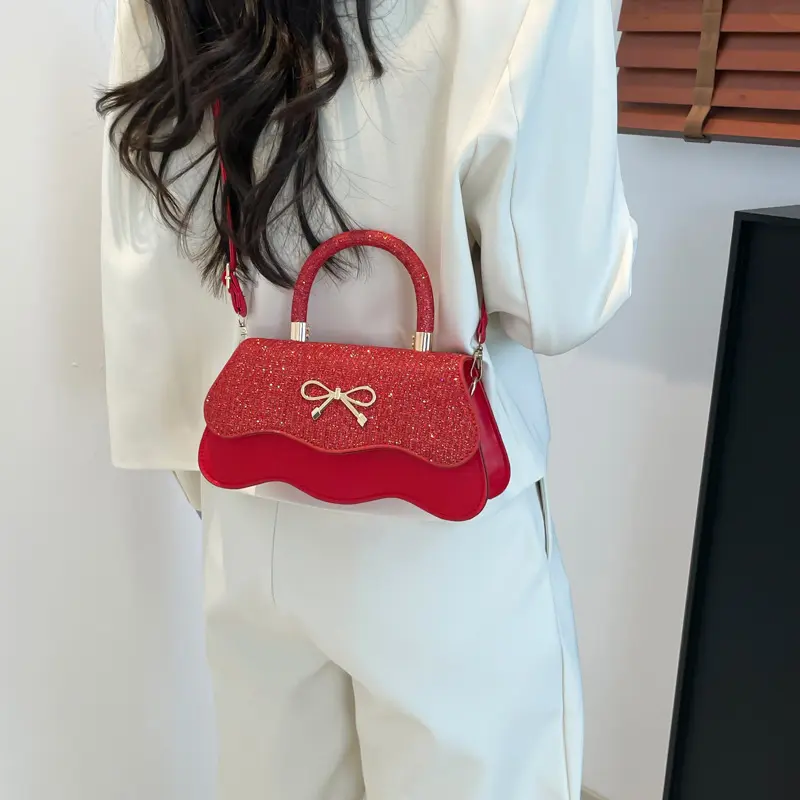 Retro Casual Bow Women's Square Shoulder Bags Trendy Ladies Pu Leather Handbags Purse Sequined Design Female Crossbody Bag