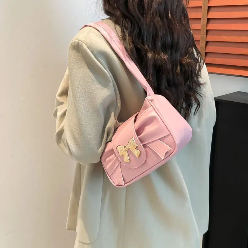Sweet Bow Pleated Design Women's Shoulder Bags Candy Color Ladies Phone Underarm Bag Luxury Pu Leather Female Handbags Purse
