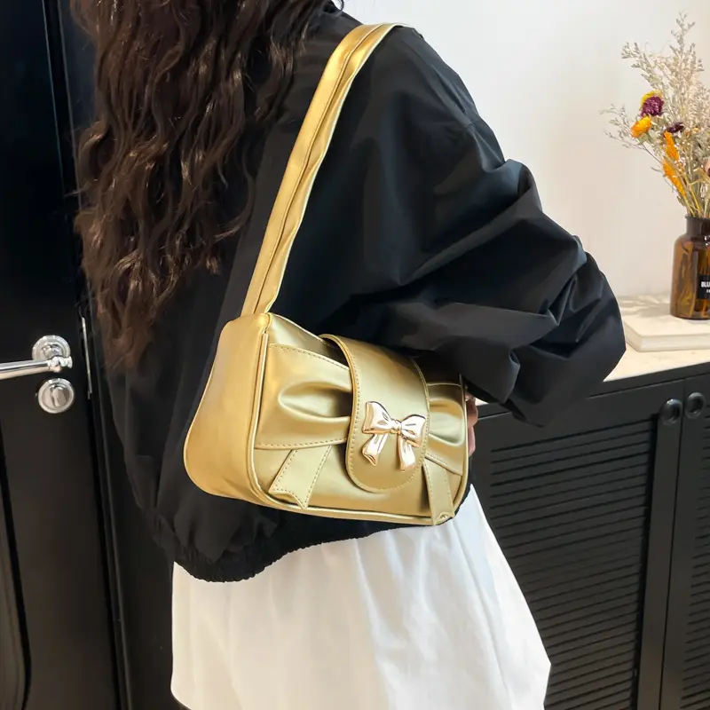 Sweet Bow Pleated Design Women's Shoulder Bags Candy Color Ladies Phone Underarm Bag Luxury Pu Leather Female Handbags Purse