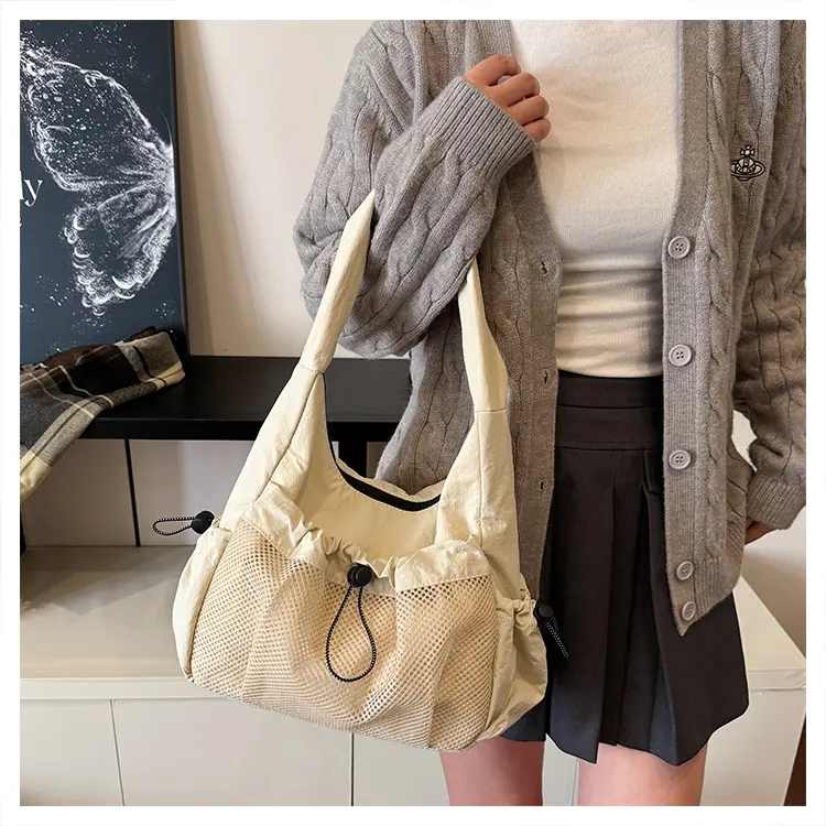 Pleated Hollow Patchwork Women's Shoulder Bags Simple Ladies Drawstring Underarm Bag Outdoor Travel Female Handbags Tote Purse