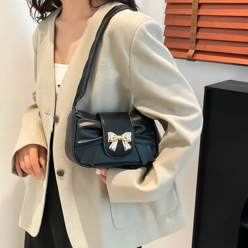 Sweet Bow Pleated Design Women's Shoulder Bags Candy Color Ladies Phone Underarm Bag Luxury Pu Leather Female Handbags Purse