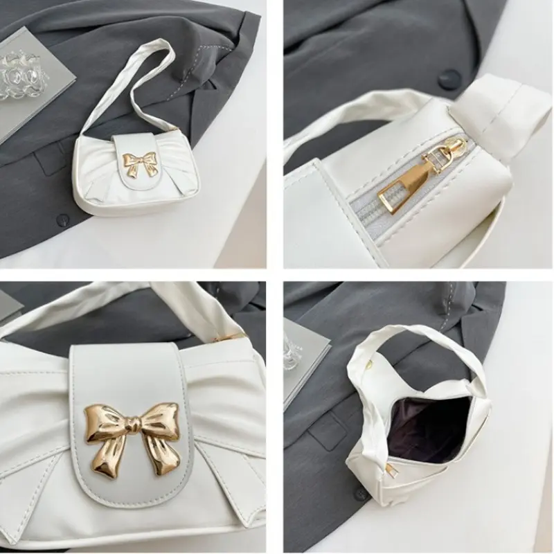 Sweet Bow Pleated Design Women's Shoulder Bags Candy Color Ladies Phone Underarm Bag Luxury Pu Leather Female Handbags Purse