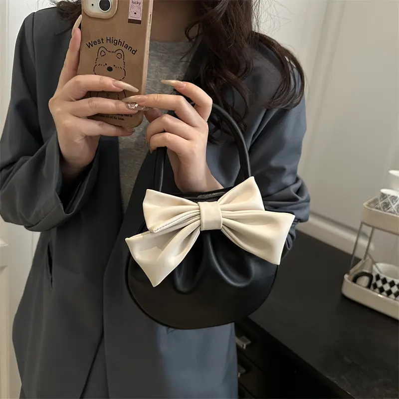 Fashion Bow Trend Style Women's Handbags Simple Pleated Design Ladies Clutch Purse PU Leather Lightweight Female Phone Bag