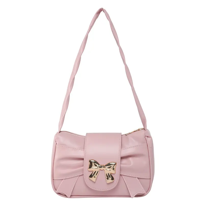Sweet Bow Pleated Design Women's Shoulder Bags Candy Color Ladies Phone Underarm Bag Luxury Pu Leather Female Handbags Purse