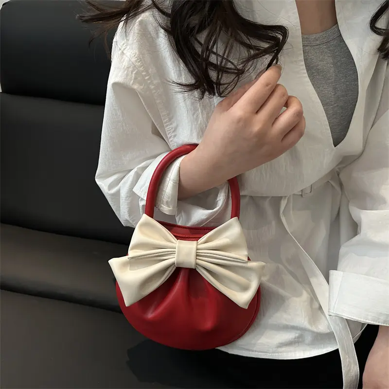 Fashion Bow Trend Style Women's Handbags Simple Pleated Design Ladies Clutch Purse PU Leather Lightweight Female Phone Bag