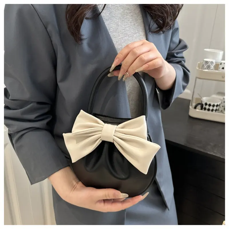 Fashion Bow Trend Style Women's Handbags Simple Pleated Design Ladies Clutch Purse PU Leather Lightweight Female Phone Bag