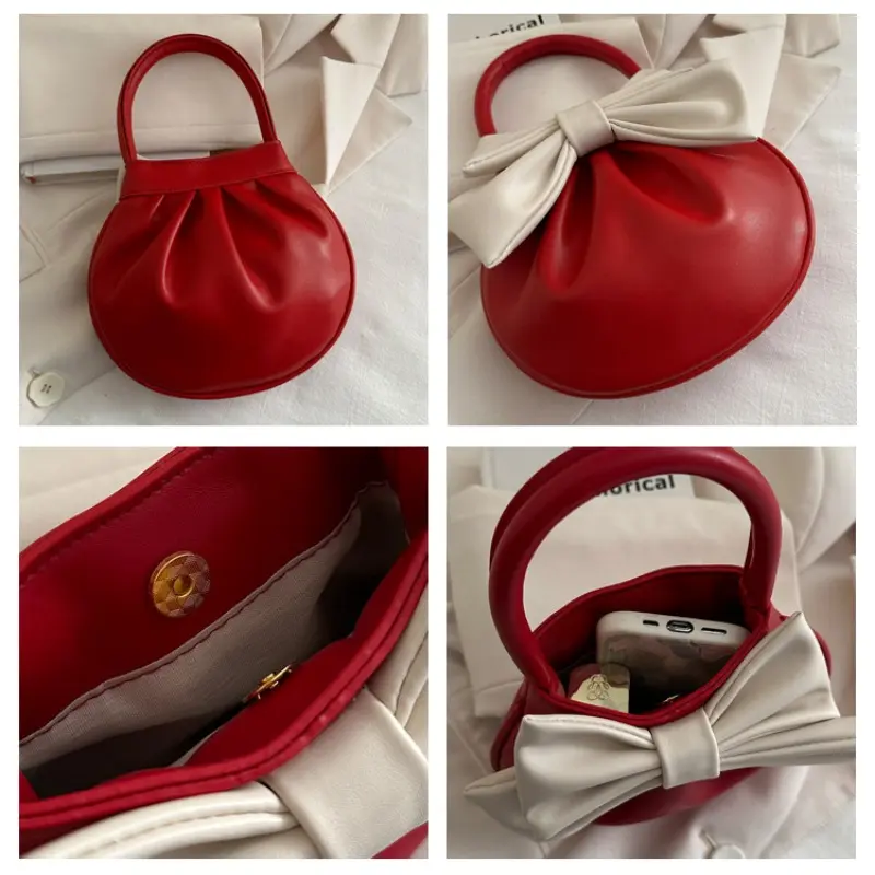 Fashion Bow Trend Style Women's Handbags Simple Pleated Design Ladies Clutch Purse PU Leather Lightweight Female Phone Bag