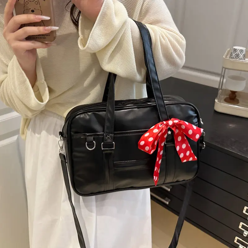Large Capacity Women's Ribbon Shoulder Bags PU Leather Daily Ladies Crossbody Bag Solid Color College Girls Laptop Tote Handbags