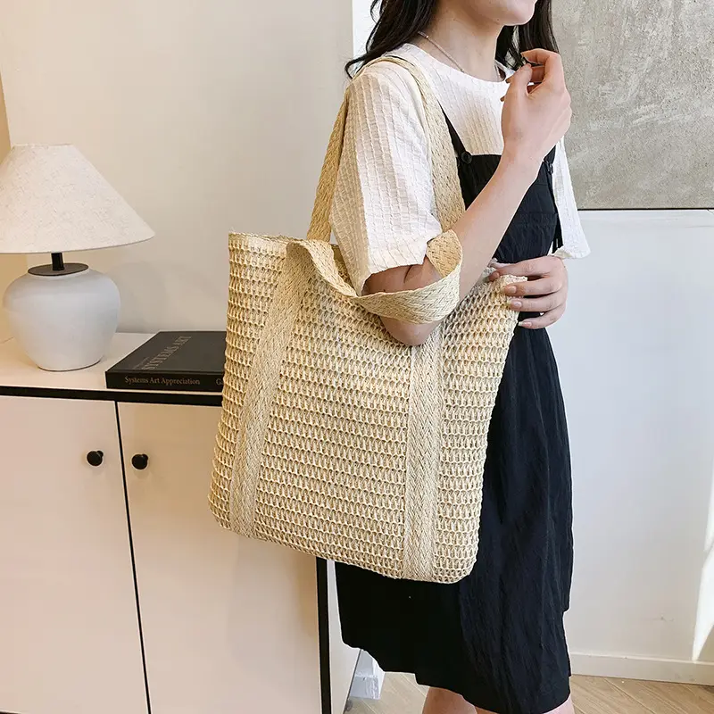 Summer Solid Color Woven Shoulder Bags for Women Large Capacity Ladies Straw Handbags Vacation Style Female Beach Tote Bag