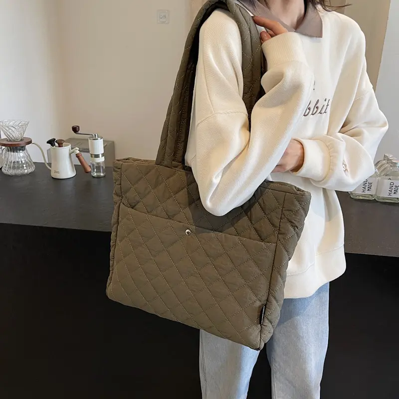 Casual Large Capacity Women's Book Tote Bag Fashion Rhombus Commuter Ladies Shoulder Bags Quilted Solid Color Female Handbags