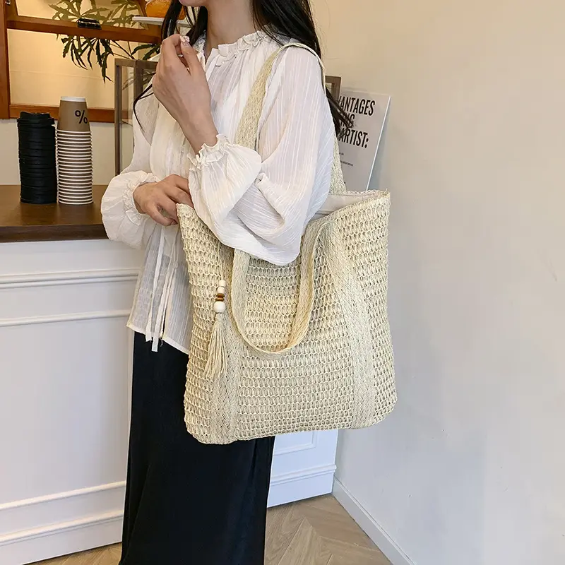 Summer Solid Color Woven Shoulder Bags for Women Large Capacity Ladies Straw Handbags Vacation Style Female Beach Tote Bag