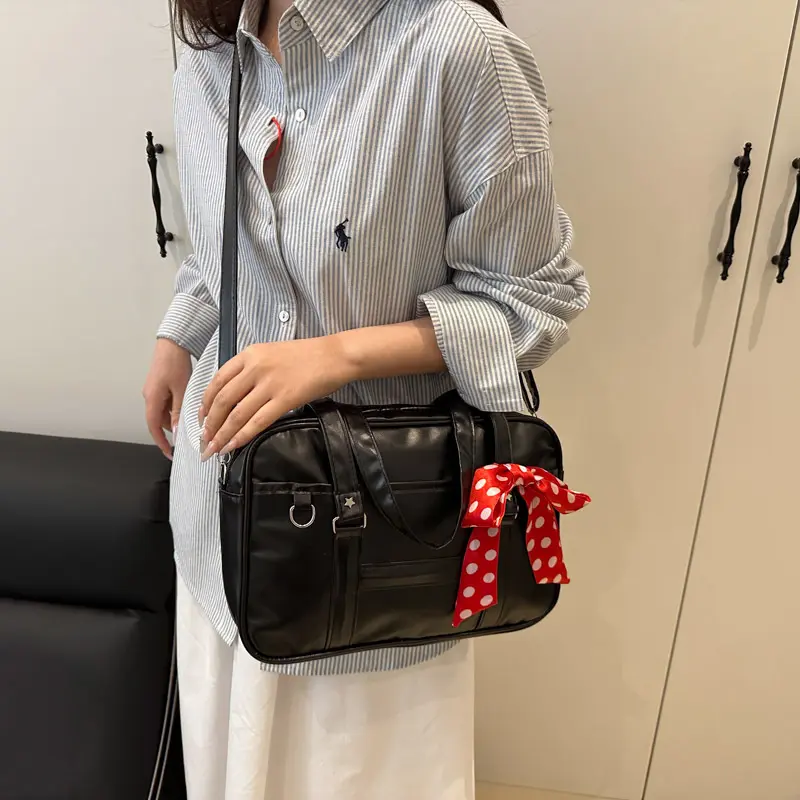 Large Capacity Women's Ribbon Shoulder Bags PU Leather Daily Ladies Crossbody Bag Solid Color College Girls Laptop Tote Handbags