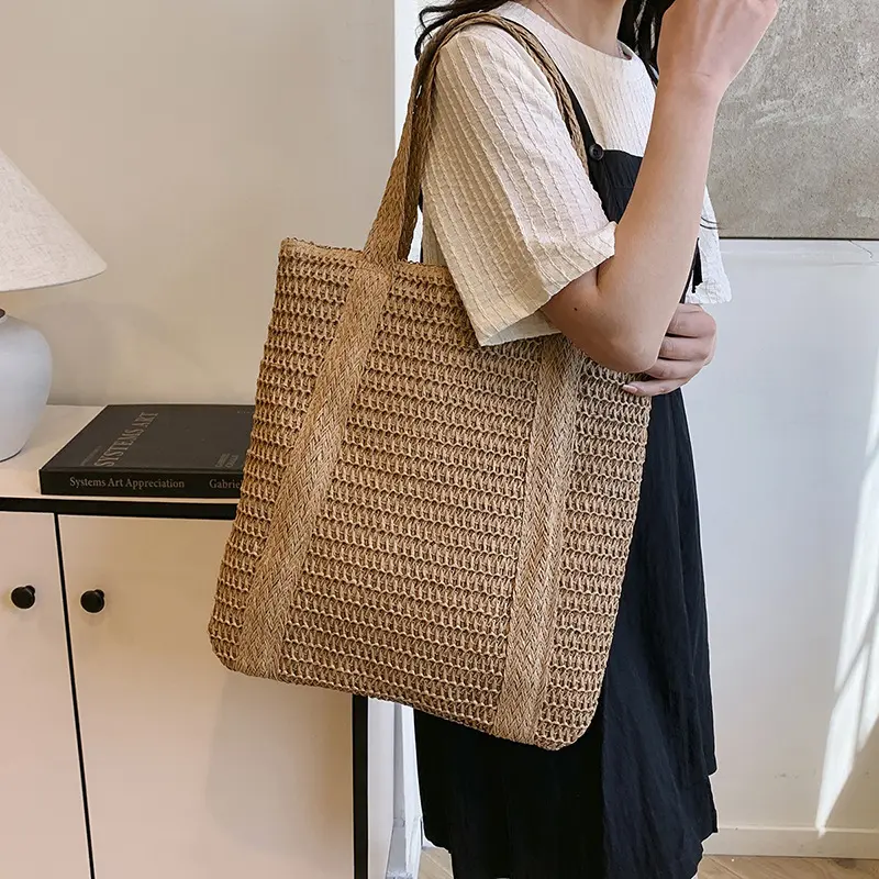 Summer Solid Color Woven Shoulder Bags for Women Large Capacity Ladies Straw Handbags Vacation Style Female Beach Tote Bag