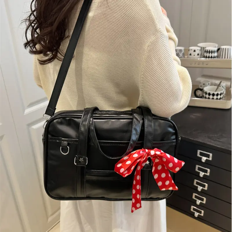 Large Capacity Women's Ribbon Shoulder Bags PU Leather Daily Ladies Crossbody Bag Solid Color College Girls Laptop Tote Handbags