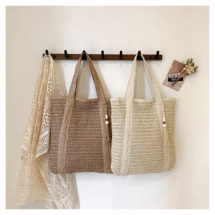 Summer Solid Color Woven Shoulder Bags for Women Large Capacity Ladies Straw Handbags Vacation Style Female Beach Tote Bag