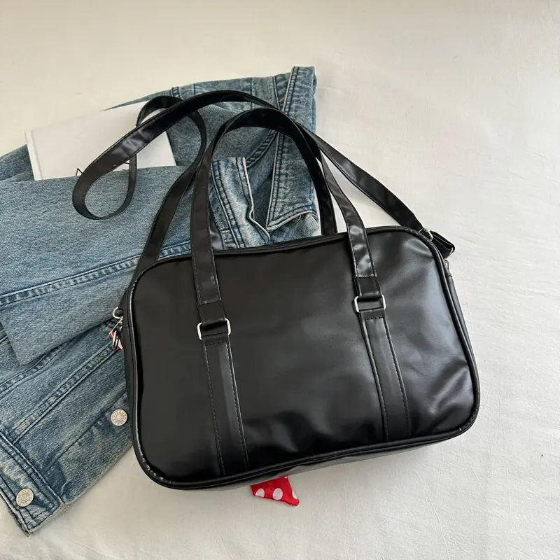 Large Capacity Women's Ribbon Shoulder Bags PU Leather Daily Ladies Crossbody Bag Solid Color College Girls Laptop Tote Handbags