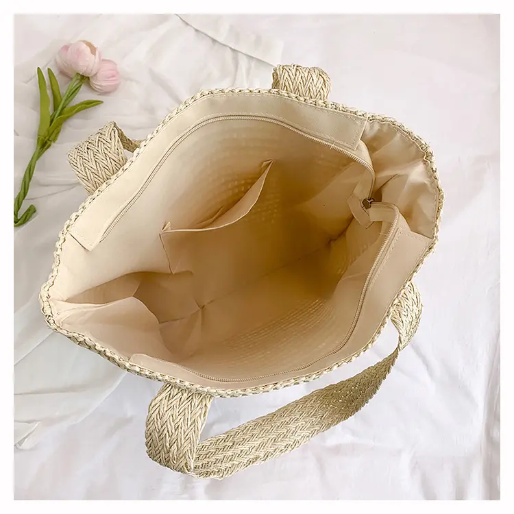 Summer Solid Color Woven Shoulder Bags for Women Large Capacity Ladies Straw Handbags Vacation Style Female Beach Tote Bag