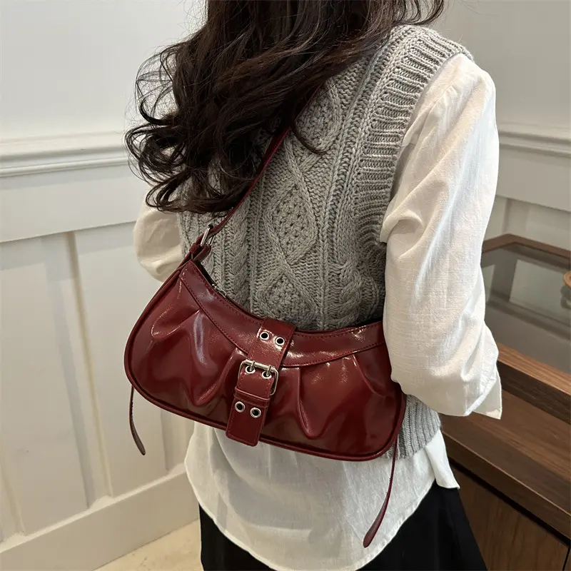 Y2k Pleated Design Women Shoulder Saddle Bags Casual Commuter Cool Hot Girls Underarm Bag Simple Ladies Pu Leather Handbag Purse
