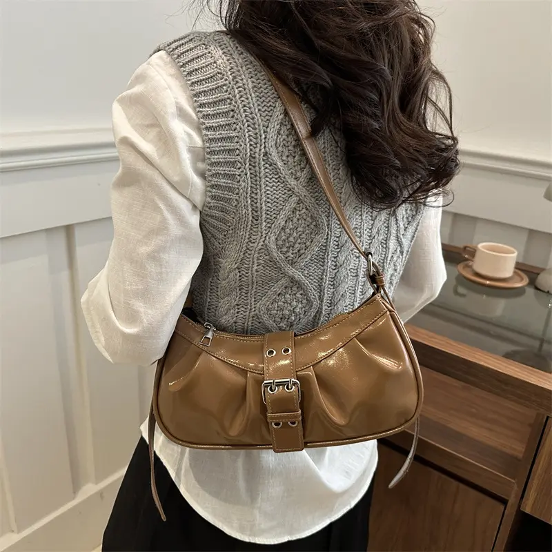 Y2k Pleated Design Women Shoulder Saddle Bags Casual Commuter Cool Hot Girls Underarm Bag Simple Ladies Pu Leather Handbag Purse