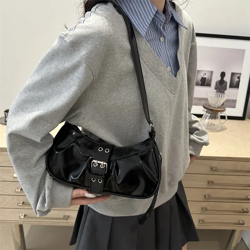 Y2k Pleated Design Women Shoulder Saddle Bags Casual Commuter Cool Hot Girls Underarm Bag Simple Ladies Pu Leather Handbag Purse