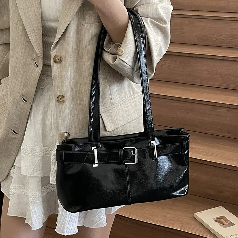 Casual Belt Decoration Women's Shoulder Bags Fashion Motorcycle Style Ladies Underarm Bag Solid Color Cool Girls Handbags Purse
