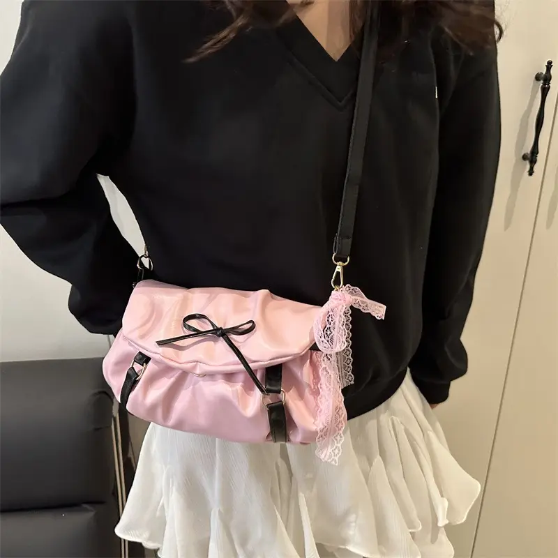 Fashion Ruched Women's Shoulder Bag Sweet Lace Bowknot Girls Crossbody Bags Casual Pu Leather Female Underarm Bag Handbags