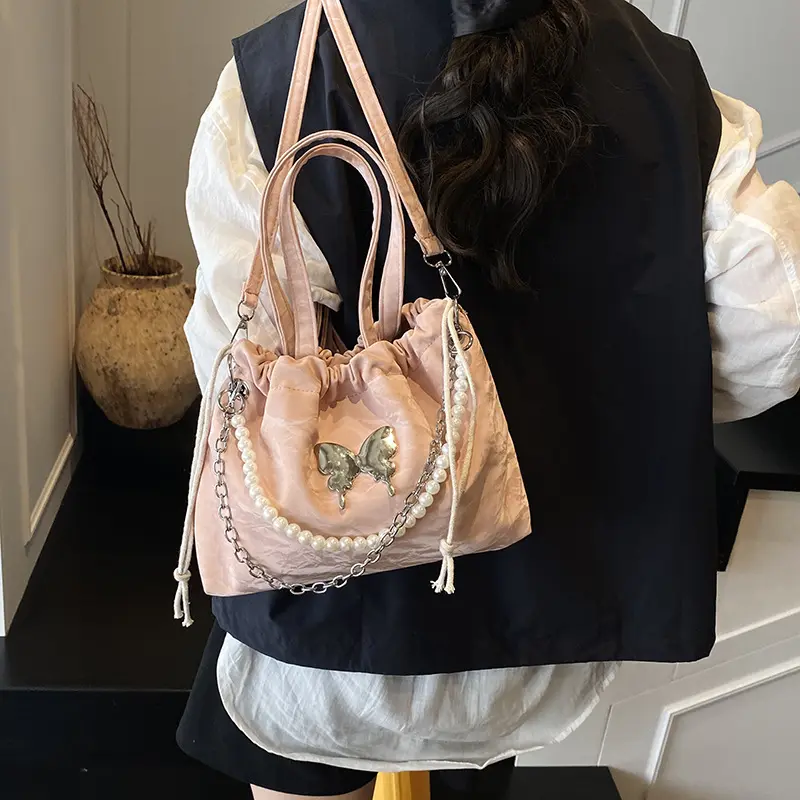 Fashion Butterfly Drawstring Shoulder Bags for Women Casual Soft Leather Ladies Backpack Tote Commuter Girls Pearl Chain Handbag