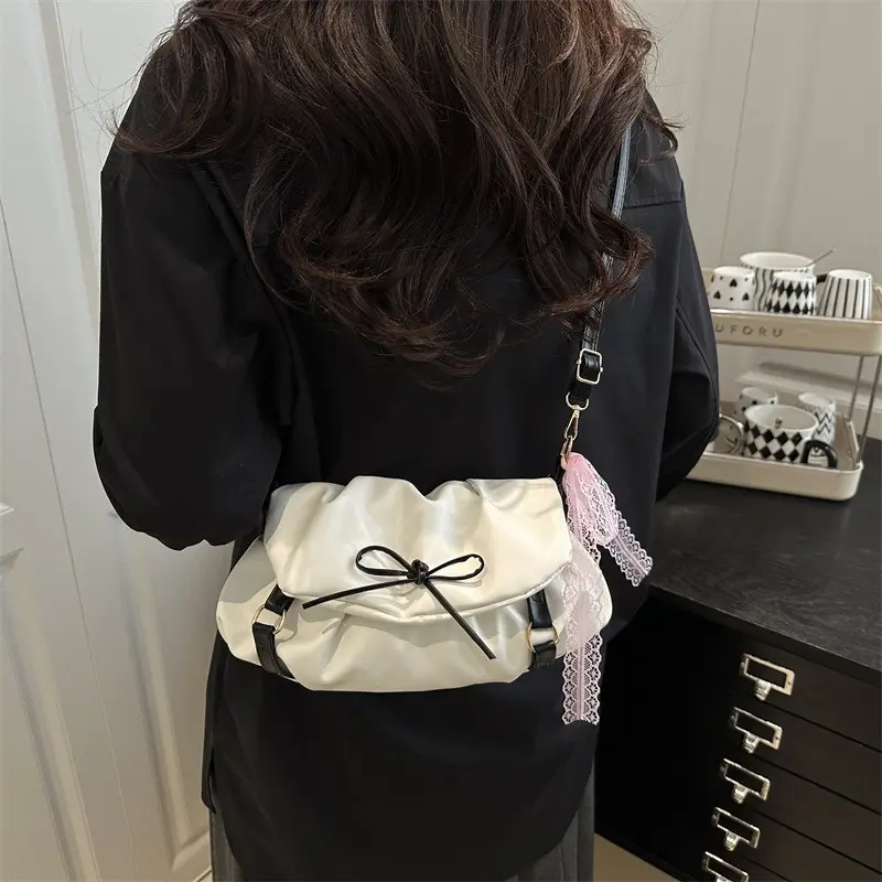 Fashion Ruched Women's Shoulder Bag Sweet Lace Bowknot Girls Crossbody Bags Casual Pu Leather Female Underarm Bag Handbags