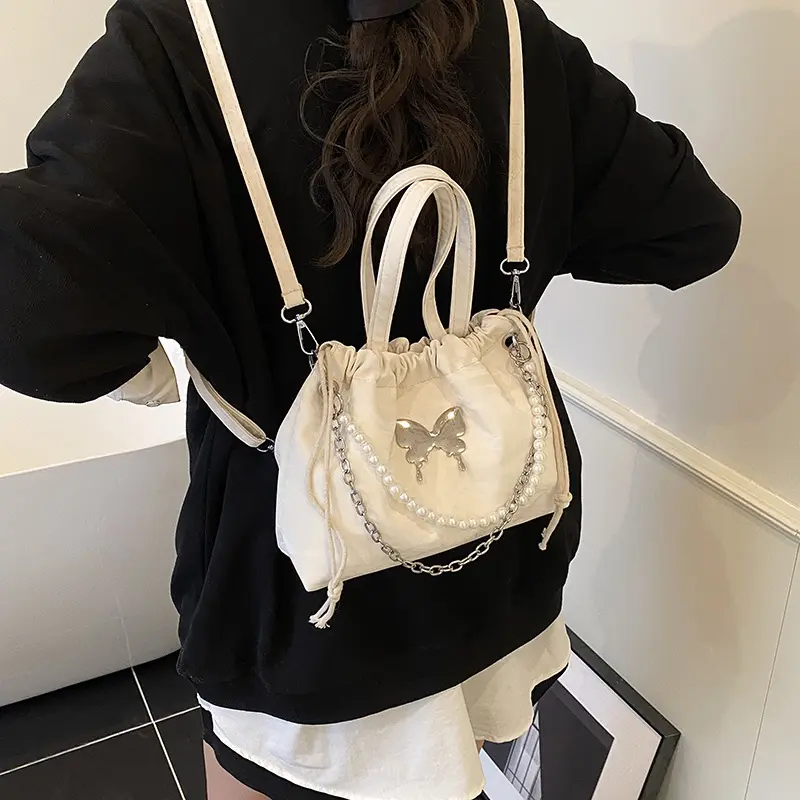 Fashion Butterfly Drawstring Shoulder Bags for Women Casual Soft Leather Ladies Backpack Tote Commuter Girls Pearl Chain Handbag